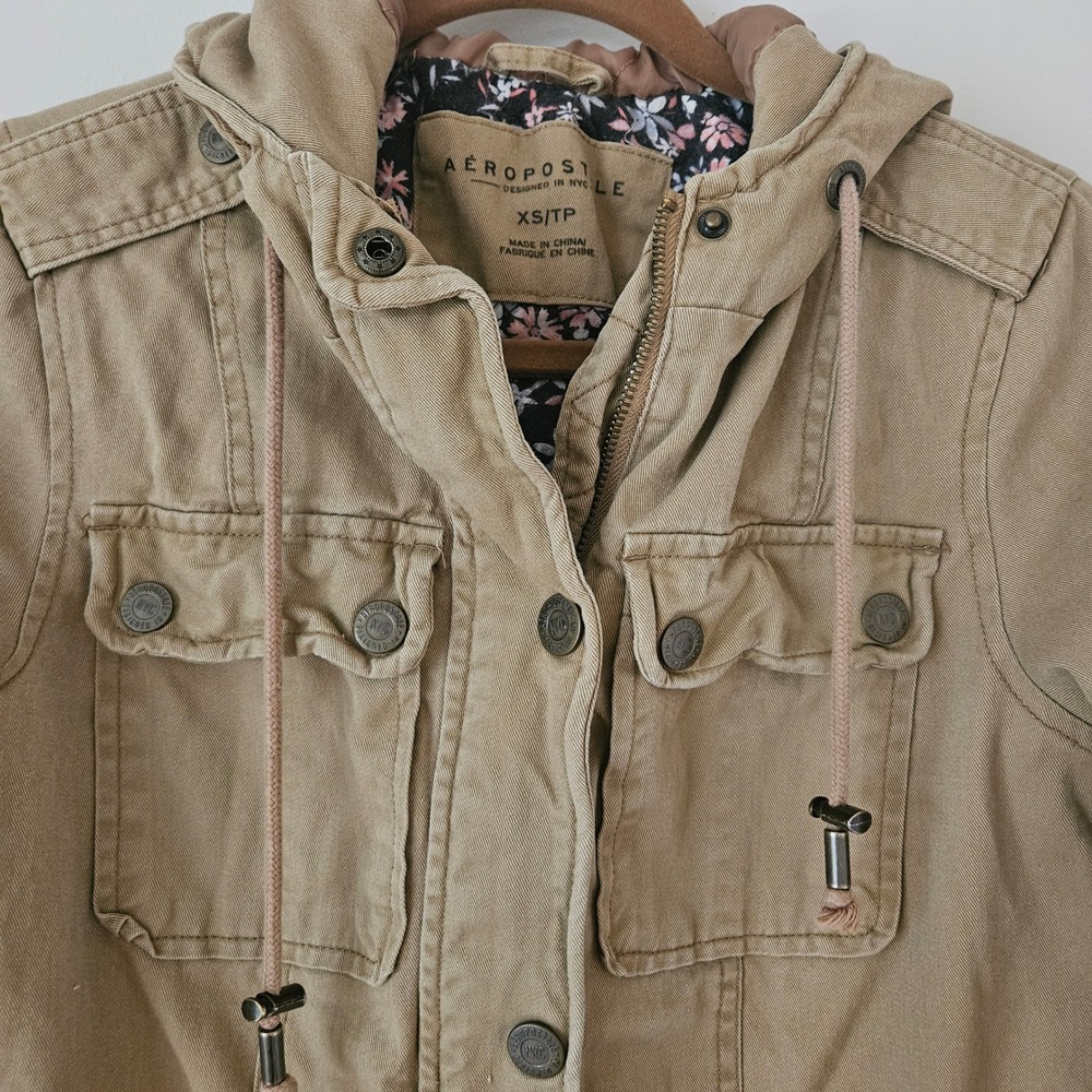 AEROPOSTALE Khaki‎ Utility Jacket Hooded Parka XS/TP Floral Lined - Picture 3 of 12